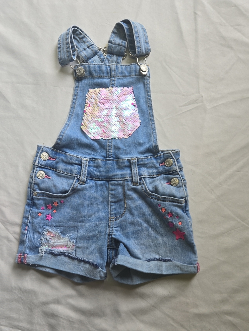 Jordache Light Blue Denim Short Overalls with Iridescent Pink Sequin Pocket